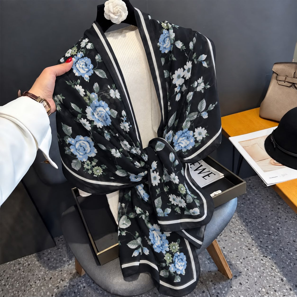 Black Blue Floral Printed Viscose Scarf