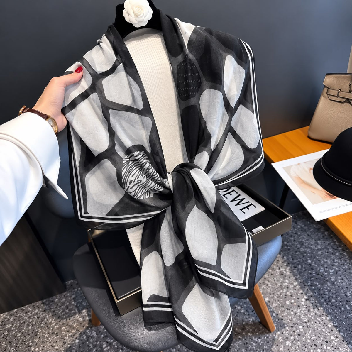 Black Honey Comb Printed Viscose Scarf