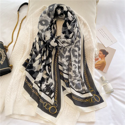 Black Grey Chain Animal Printed Viscose Scarf