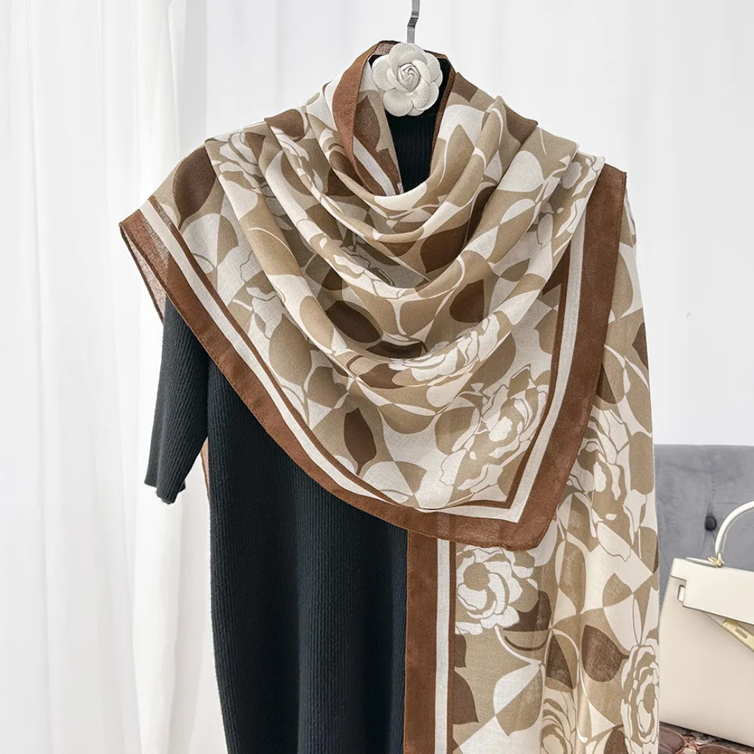 Brown Rose Leaf Printed Viscose Scarf