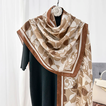 Brown Rose Leaf Printed Viscose Scarf