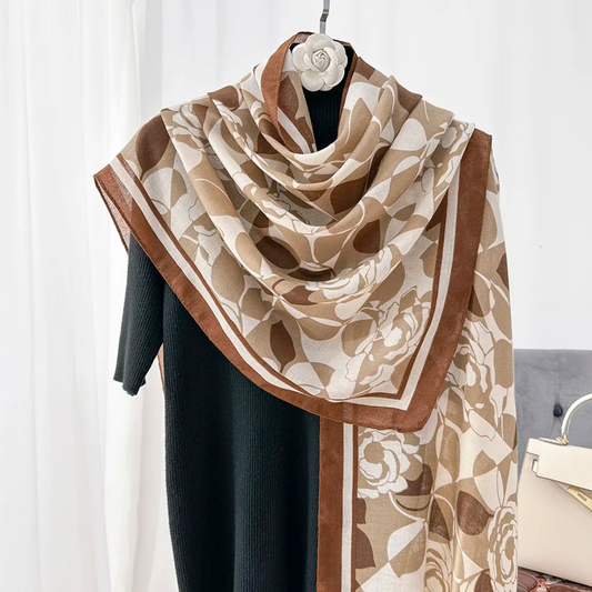 Brown Rose Leaf Printed Viscose Scarf