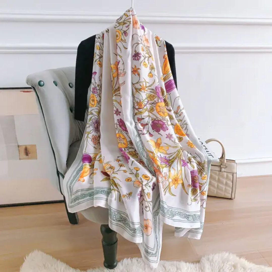 Teal Flower Garden Printed Silk Scarf