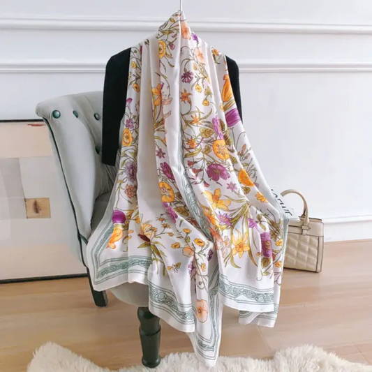 Teal Flower Garden Printed Silk Scarf