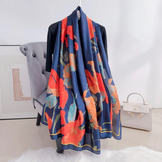 Blue Painted Hibiscus Printed Silk Scarf